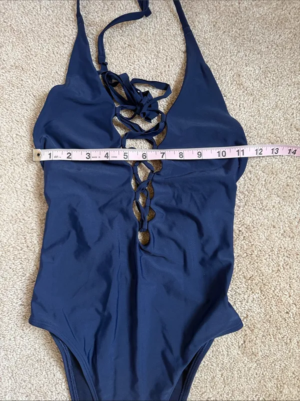 Aerie Navy Blue Lace Up Deep Plunge One Piece Swimsuit. Size Small - Image 6