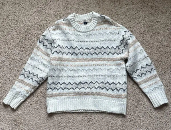 American Eagle Women's Patterned Sweater - Cream and Gray - Image 2