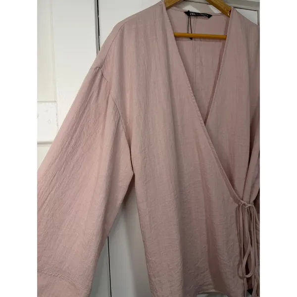 Zara Women Blush Pink Linen Blend Wrap Top Long Sleeve Kimono Style NWOT Medium - Image 9