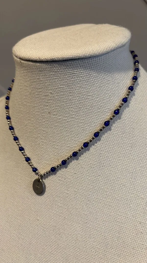 Forgiven Cross Charm Necklace with Blue Beaded Chain - Image 3