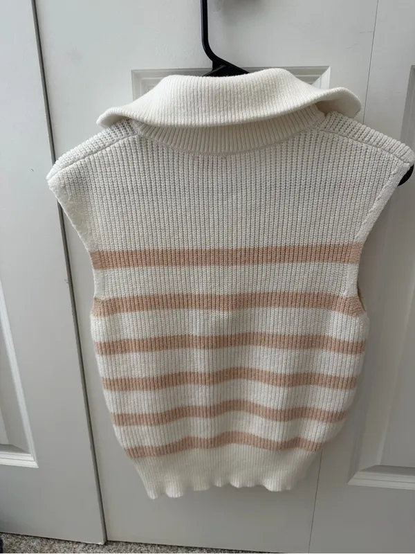 Pink Lily Striped Knit Half-Zip Sweater Vest Cream Beige Preppy Fisherman - Image 4