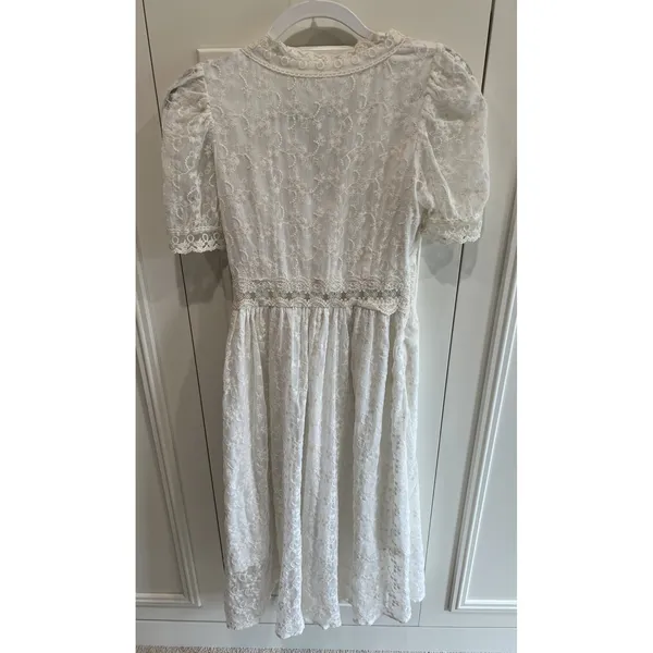 Womens White Lace Overlay Midi Dress Size Small Puff Sleeve Cottagecore Coquette - Image 5
