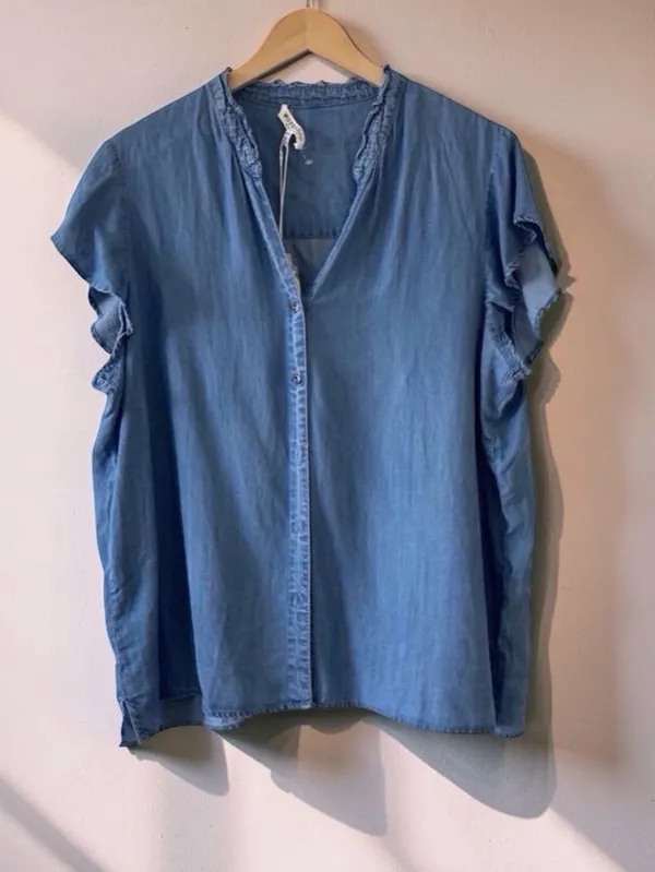 Workshop Republic Clothing Blue Lyocell Ruffle Sleeve Button Top NWT XL - Image 4