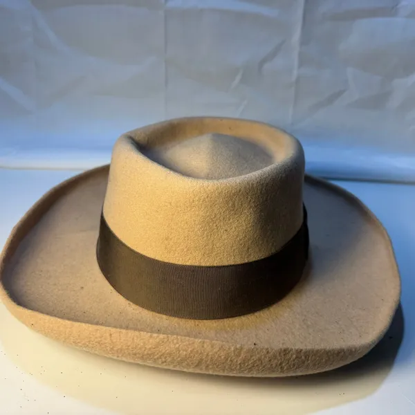 Derringer Unisex Vintage Felt Hat No Size Wool Blend Beige Brown Belt Halloween - Image 2