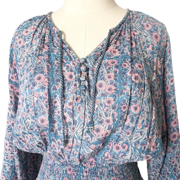 Cleobella Blue Pink Floral Cotton Smocked Mini Dress Size Medium Boho Tiered - Image 3