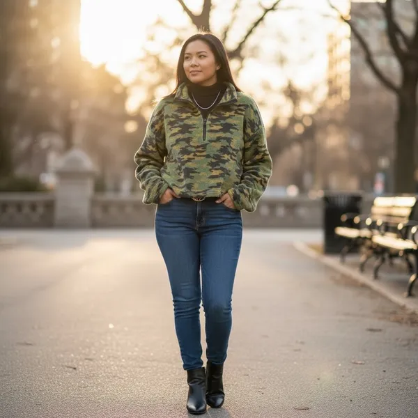Urban Outfitters Cropped 1/4 Zip Fleece Pullover Womens Jacket Size Small Camo - Image 3