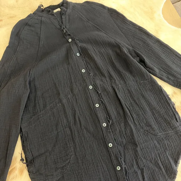Cherry Cloth Black Cotton Gauze Frayed Button Down Shirt Top Small - Image 2