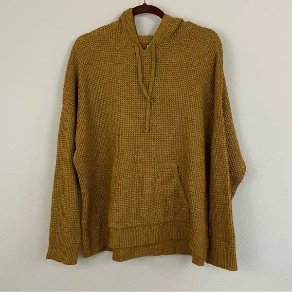 NWT Aerie Mustard Waffle Knit Hoodie Oversized Cabincore Pullover‎ Size Medium - Image 2