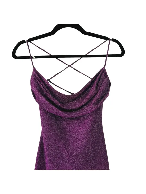 Lush Purple Metallic Bodycon Dress Size XS NWT Cowl Neck Strappy Y2K Night Luxe - Image 2