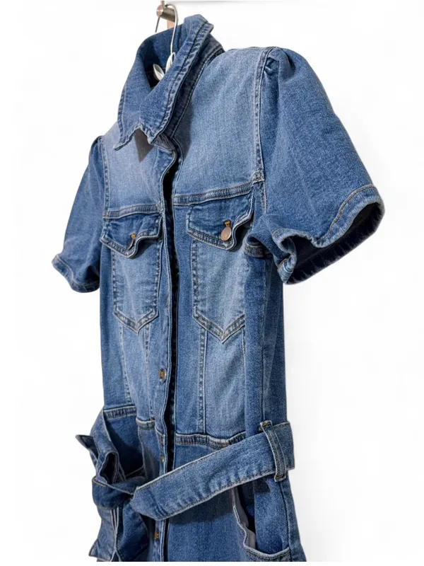 Avec Les Filles Women’s Blue Denim Short-Sleeve Tie-Waist Jumpsuit Size 30 - Image 7