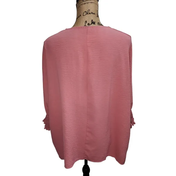 Long Sleeve Smocked Cuff Blouse Top Pink Textured Casual XL‎ - Image 3