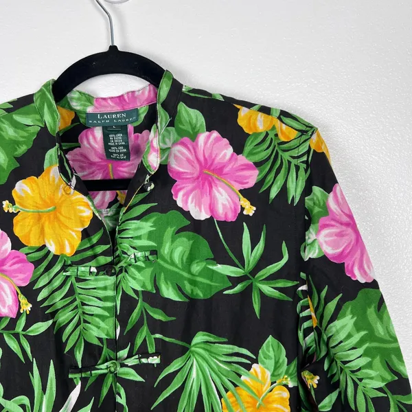 Lauren Ralph Lauren Womens Linen Floral Blouse Mandarin Collar‎ Frog Closure L - Image 3