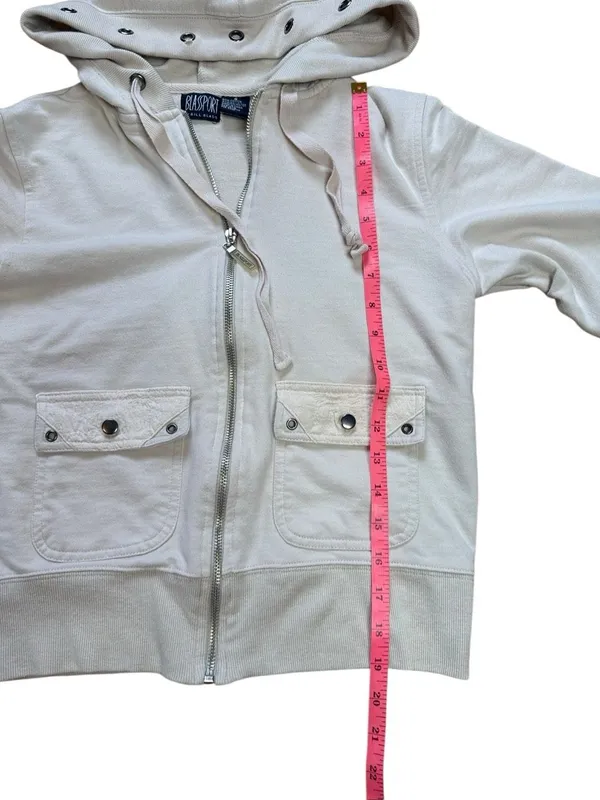 90s Vintage Bill Blass Grommet Zip Up Sweatshirt Hoodie Cream Small - Image 5