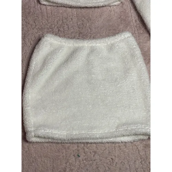 Hot 2Pcs Women Plush‎ Faux Fur Tops Short Warm Blouse Skirt Suit Size M Bin12 - Image 3