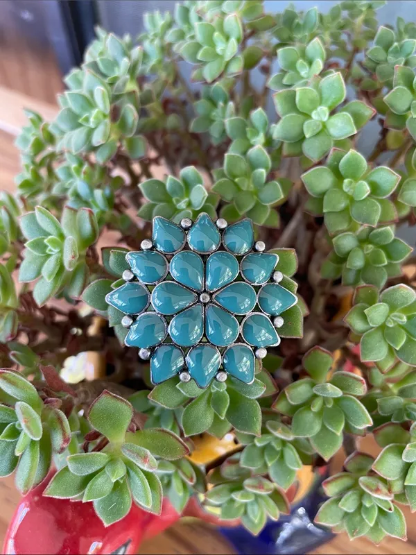 Vintage Teal Flower Southwestern Style Brooch Pendant - Image 2
