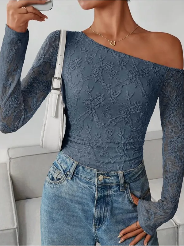 Dusty Blue Lace Asymmetrical Off-Shoulder Stretchy Zesica Fall Fitted Blouse NWT - Image 5