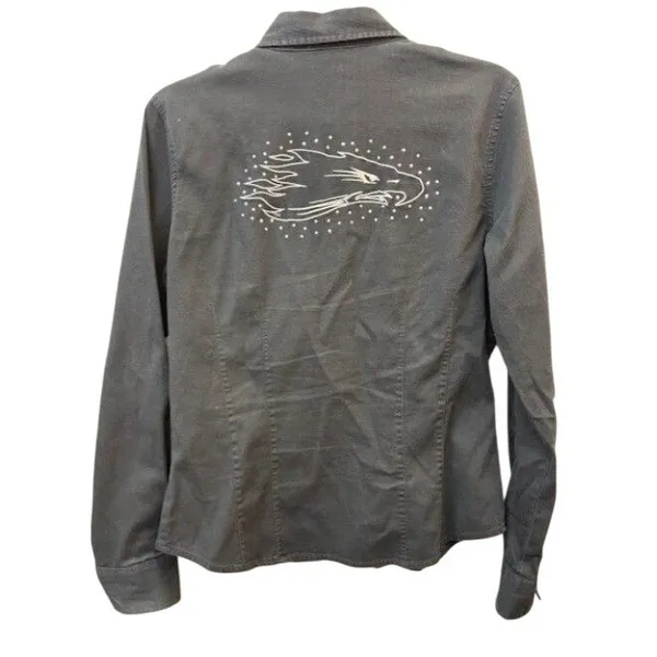 Harley Davidson Screamin Eagle Grey Corduroy Rhinestone Snap Front Shirt - Image 2