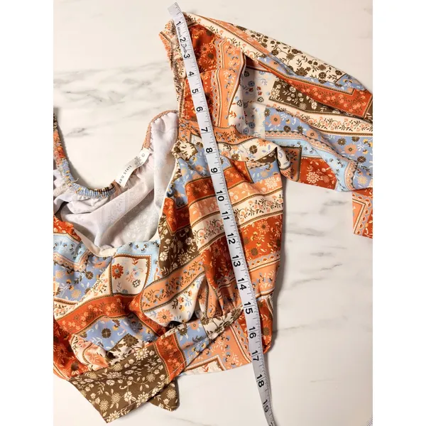 Altar'd State Floral Patchwork Crop Top Long Balloon Sleeve Boho Rust Blue Large - Image 12