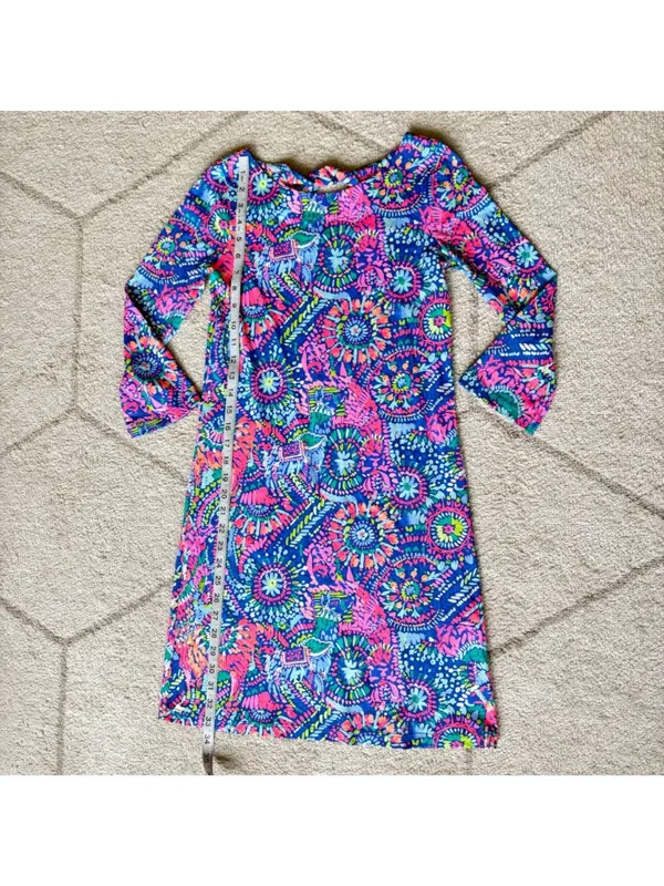 Lilly Pulitzer Style Bright Neon Long Sleeve Shift Dress Blue Pink Tropical XXS - Image 4