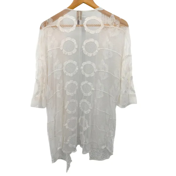 XCVI White Floral Lace Mesh Open Front Kimono Cardigan Embroidered Boho Coastal‎ - Image 7