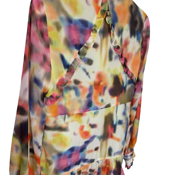 ✨🎨 ALEXIS Multicolor Abstract Ruffle Peplum V-Neck Mini‎ Dress XS 🎨✨ - Image 3