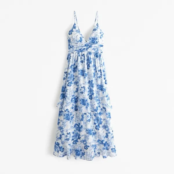 Abercrombie & Fitch Tiered Ruffle Maxi Dress Small White Blue Sundress Tie Back - Image 2