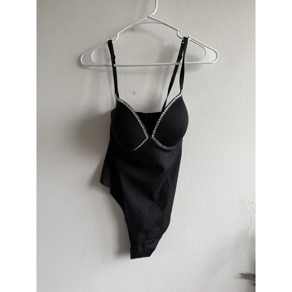 SKIMS Black Rhinestone Underwire Bodysuit‎ Sleeveless Snap Gusset Slim Fit - Image 2