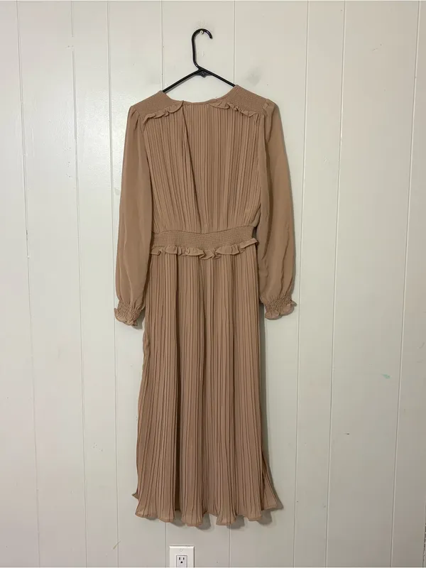 Böhme Pleated Midi Dress Long Sleeve Taupe Smocked Waist Boho Modest Size S - Image 9