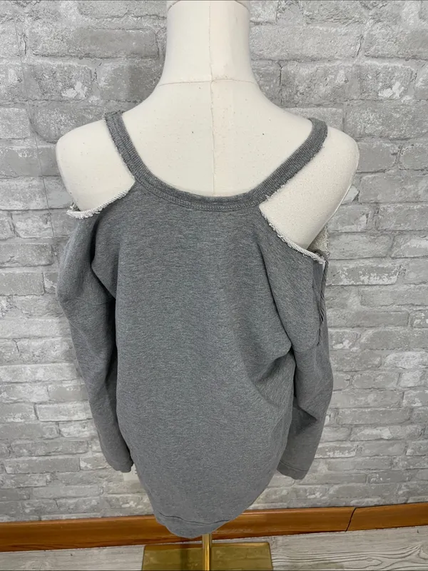 Free People Gray Cold-Shoulder Sweatshirt with Burgundy '18' Patch - Image 3