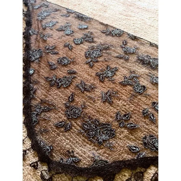 Veil by Tradition Lot of 2 Lace Triangle Scarves Blue Brown Silver Floral Mantil - Image 4
