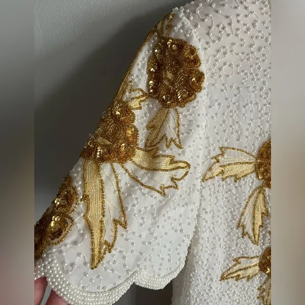 Vintage Silk Beaded Sequin Floral Top White Gold 80s Glam Party Blouse - Image 5