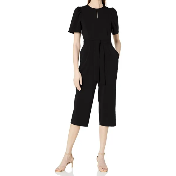 Lark & Ro Women's Puff Sleeve Split Neck Belted Crop Length Jumpsuit Black 6 - Image 2