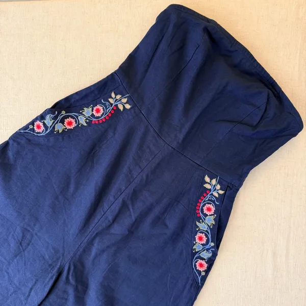 Bombay Paisley Strapless‎ Embroidered Linen Blend Jumpsuit Navy Blue XS Boho - Image 13