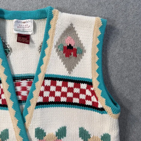 Vintage 1990 Susan Bristol Knit Sweater Vest Women's Large Floral Check V-Neck - Image 2