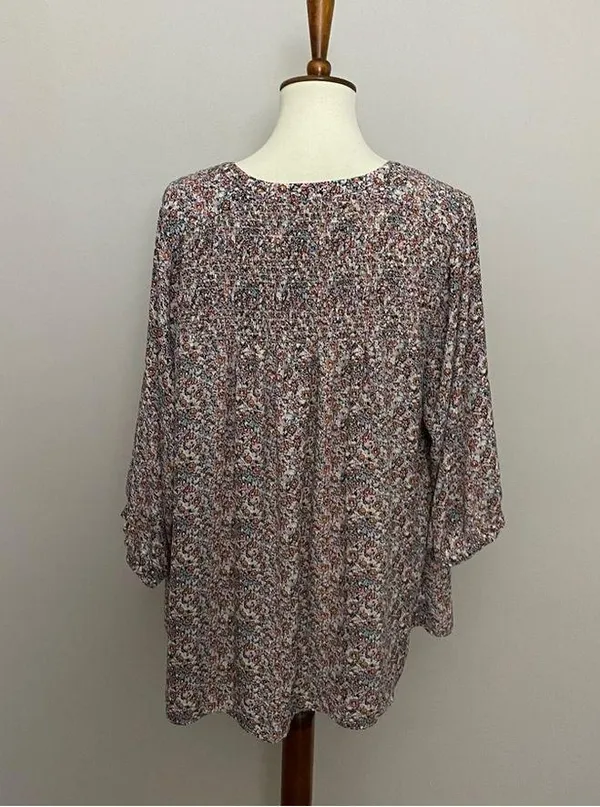 Rose & Olive Top Tunic Floral Split Neckline 3/4 Sleeve Smocking Pink Blue White - Image 12