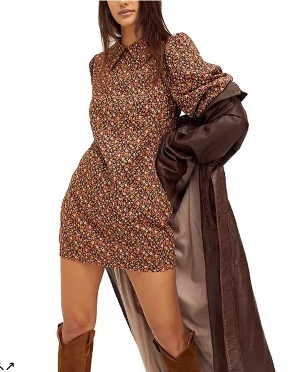 Free People Brown Printed Floral Sheath Mini Dress Small 3/4 Sleeves Collared - Image 5