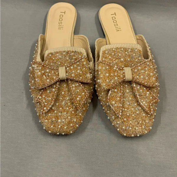 Toosili Footwear Women's Glittering Gold Bow Mules 8.5 pearls beads sparkle - Image 2