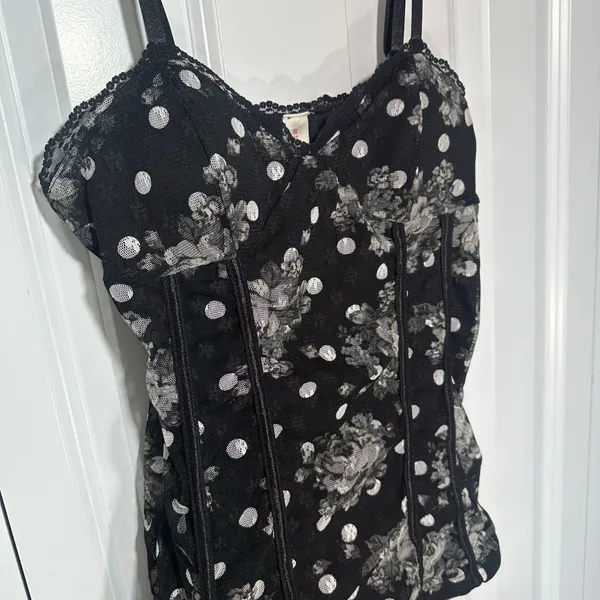 Floral Lace Corset Cami Top Black Polka Dot Med Fairy Grunge Whimsigoth Coquette - Image 3