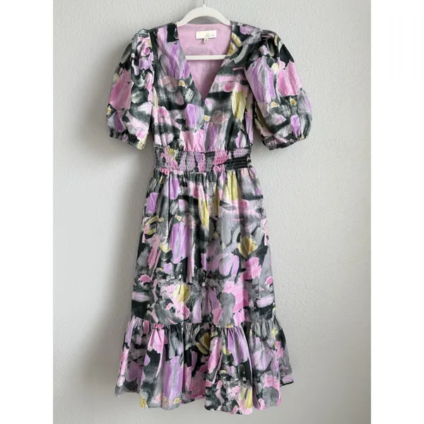 PINCH Watercolor Abstract Floral Midi Dress Smocked Puff Sleeve V-Neck Pink Sz M - Image 4