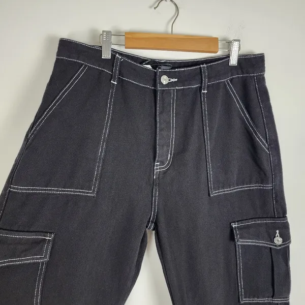 Cider Happy Hour Cargo Jeans Wide Leg Black Denim Contrast Stitch Size XL - Image 6