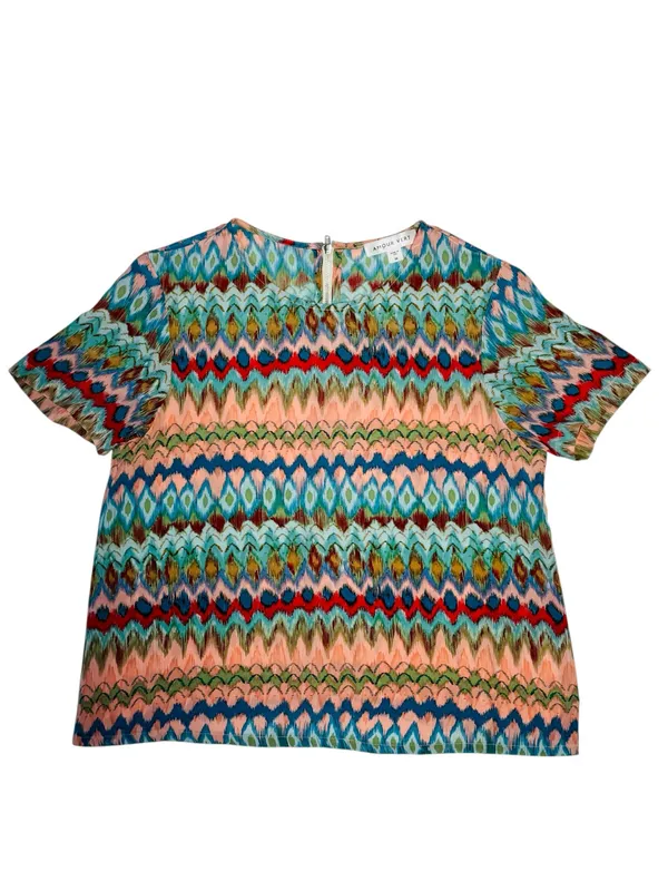Amour Vert Multicolor Geometric Print 100% Silk Short Sleeve Blouse - Image 6