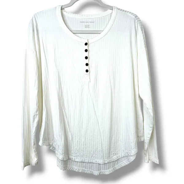 NEW American Eagle Soft & Sexy Ivory White Ribbed Knit Relaxed Fit Henley Top XS - Image 2