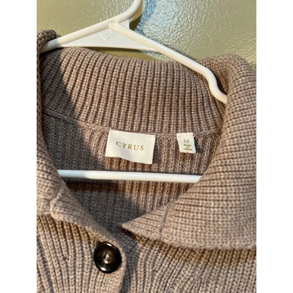 Cyrus Women's Sz Medium Sweater Oversized Collar Tan Black Stripes Henley Button - Image 10