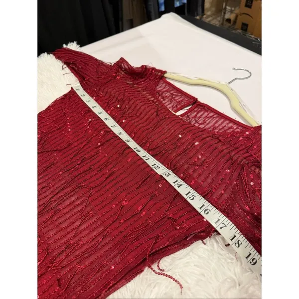 Lulu’s Sheer Fascination Sheer Mesh Sequin Fringe Maxi Dress in Burgundy Red Lar - Image 4
