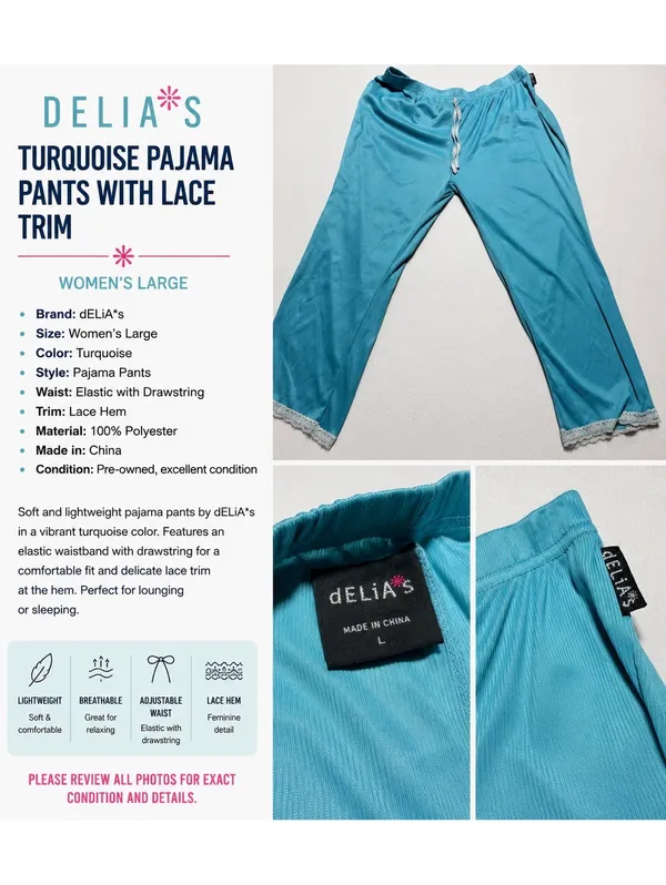 dELiA*s Women’s Pajama Pants Size Large Turquoise Blue Lace Trim Drawstring - Image 2