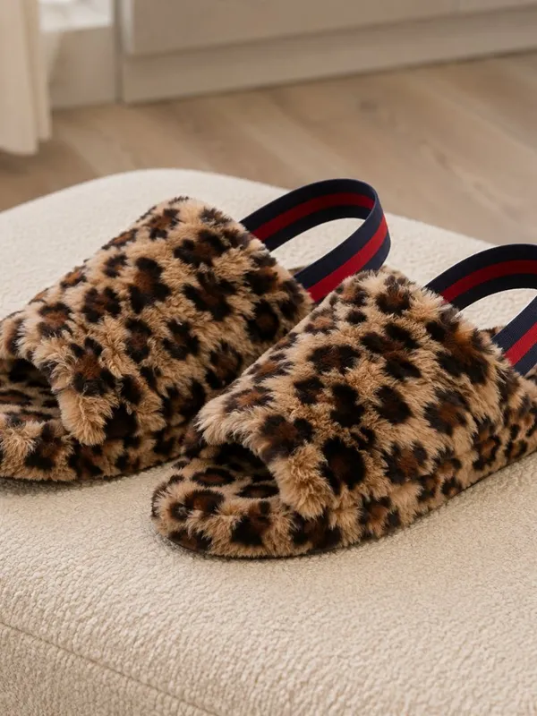 Leopard Faux Fur Slingback Slippers Fuzzy Plush House Shoes SZ 6 NWT - Image 3