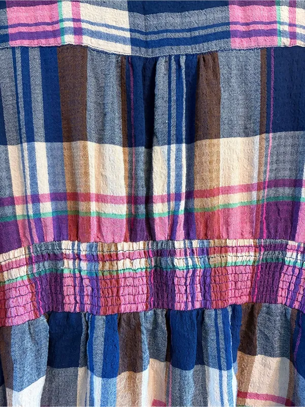 Anthropologie Pilcro Blouse Womens Large Pink Navy Plaid Smocked Waist V-Neck - Image 10