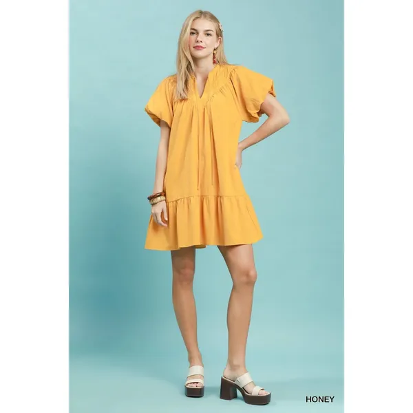 Umgee Flutter Sleeve Tassel Tie Ruffle Hem Mini Dress - Honey - Small - Image 4