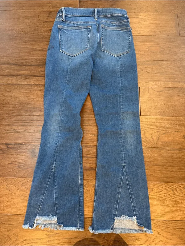 LOFT High Waist Flare Crop Jeans Size 26 2 Raw Hem Back Slit Denim - C61-139 - Image 5