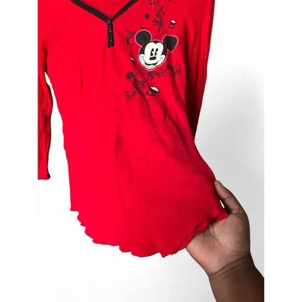Y2K Mickey Mouse Fairy Grunge Thermal Waffle Knit Henley Red Long Sleeve Top M - Image 2